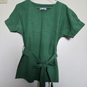 Green Short Sleeve Cotton Top with Belt - Small